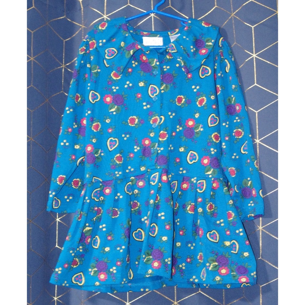 Vintage Girls 80s‎ 90s Dress Floral AOP Blue Multi